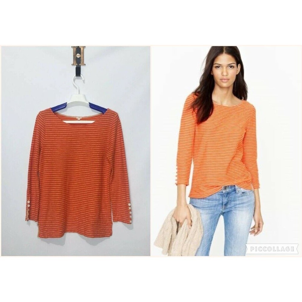 J.Crew Shirt Orange & Tan Pinstripes Cotton Long Sleeve Boatneck Size Small